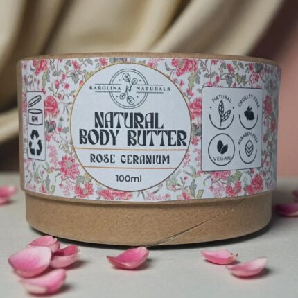 Natural Rose Geranium Body Butter with floral essential oils for balanced hydrated skin in zero-waste packaging