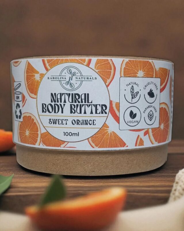 Natural Sweet Orange Body Butter in eco-friendly packaging for soft hydrated skin